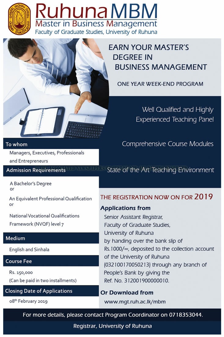 Master in Business Management - Faculty of Graduate Studies - University of Ruhuna